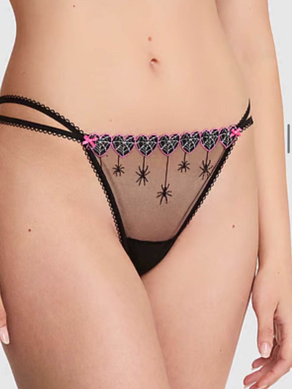 PINK Victoria's Secret Black Mesh Thong with Spider Heart Trim